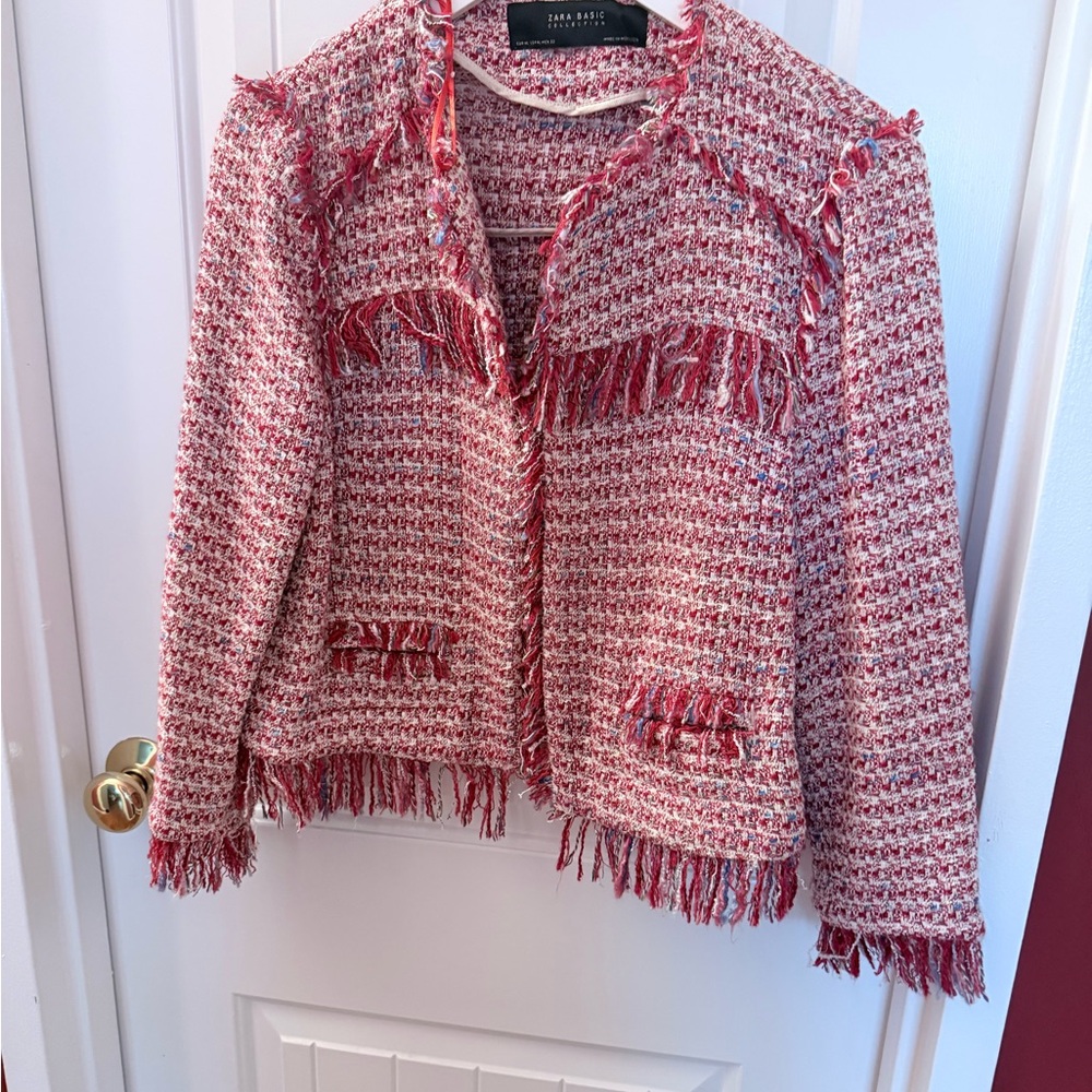 Zara Red and White Tweed Blazer with Fringe